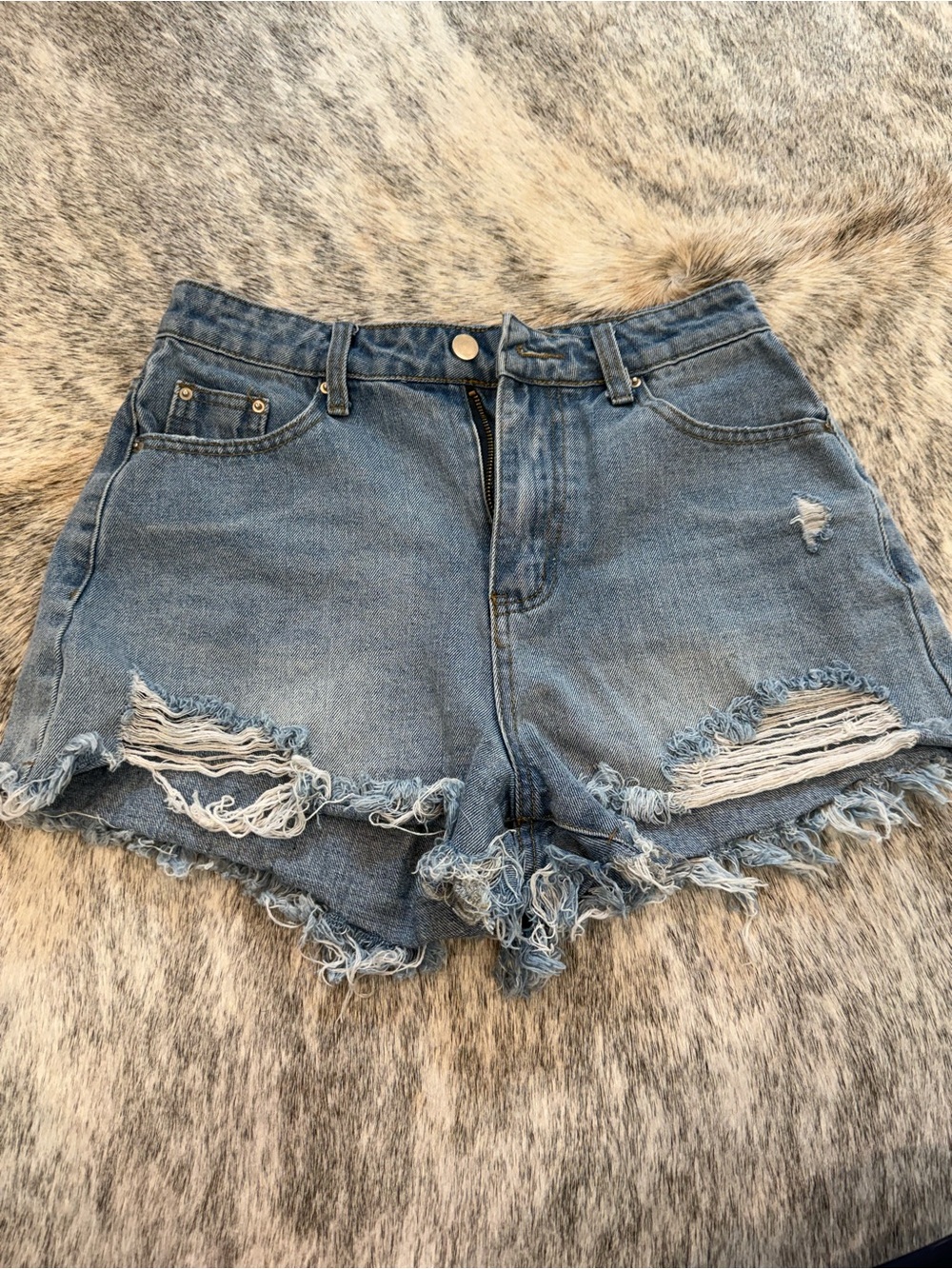 High-Rise Distressed Denim Shorts - Light Blue